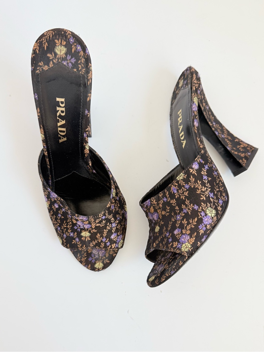 Prada 2015 Floral Jacquard Satin Mule Heels Black Purple Open Toe Sandals EU 40